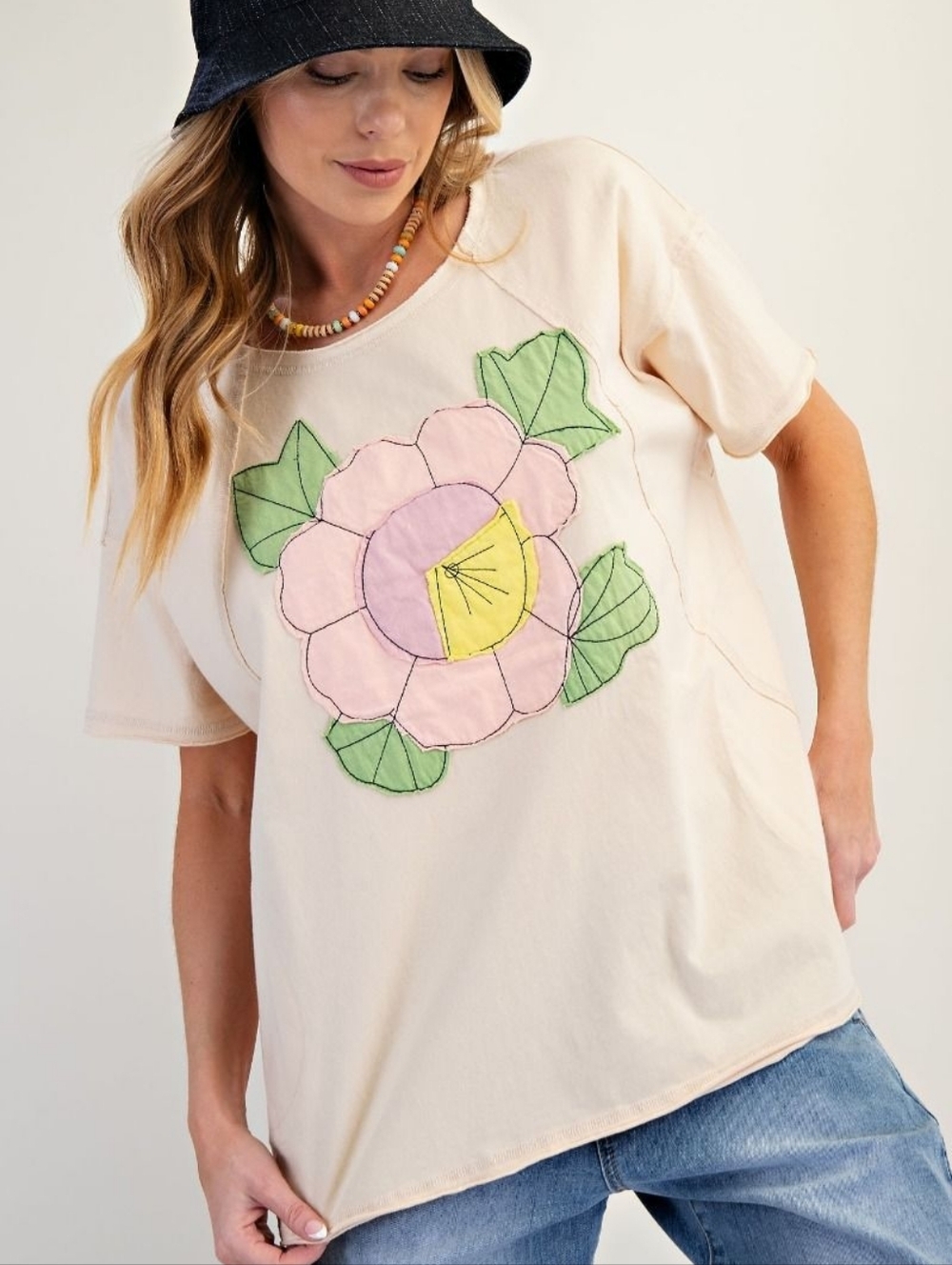 2-0411 EASEL flower Patch Cotton Mineral Washed Soft Top With Pockets Boutique